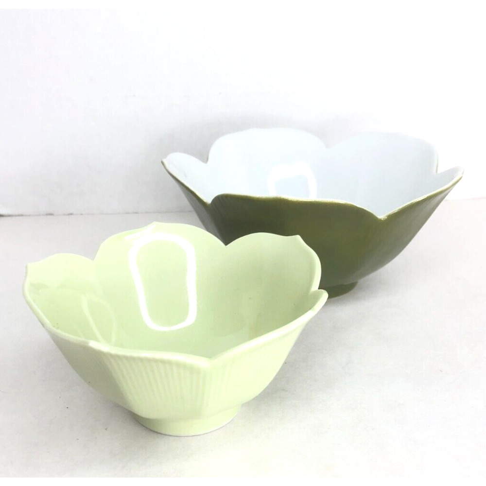 Pair of 2 Vintage Green & Dark Green Japan Lotus Flower Rice Nesting Bowls